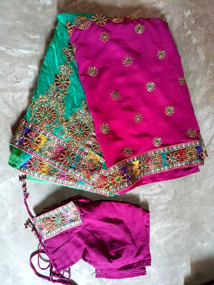 Fancy Teal &amp; Pink Saree with readymade Blouse