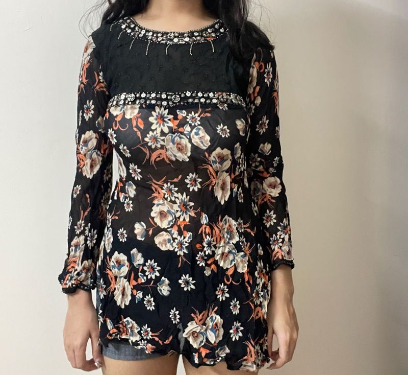 y2k Floral Print Embellished kurti Top