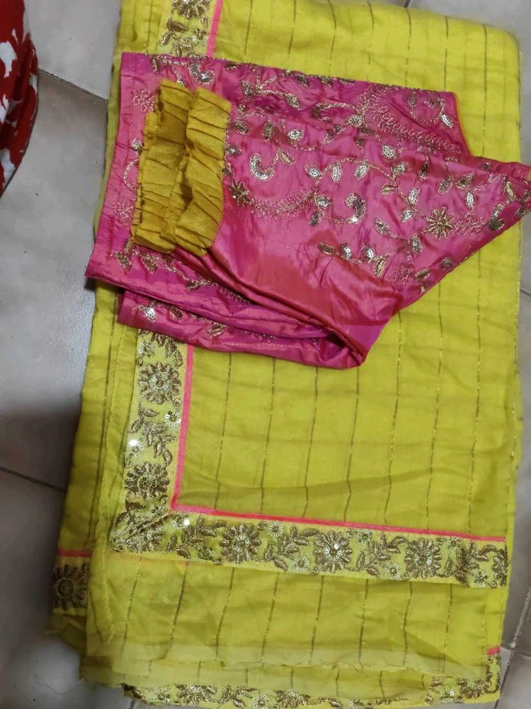 Yellow Saree with Embroidered Blouse