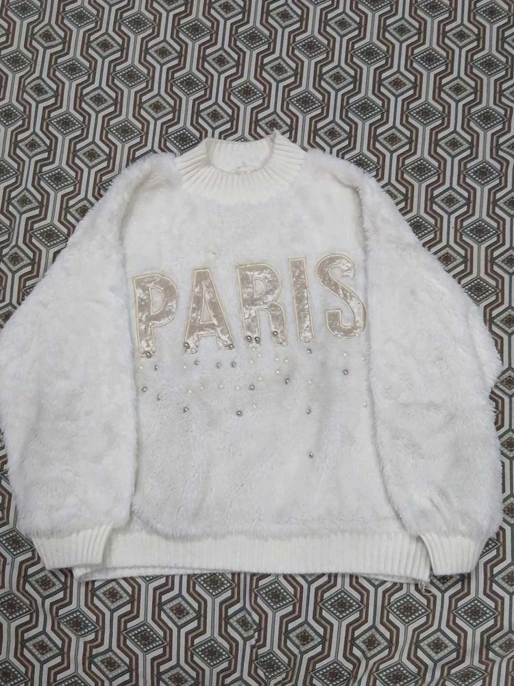 Cozy White "PARIS" Embellished Sweater
