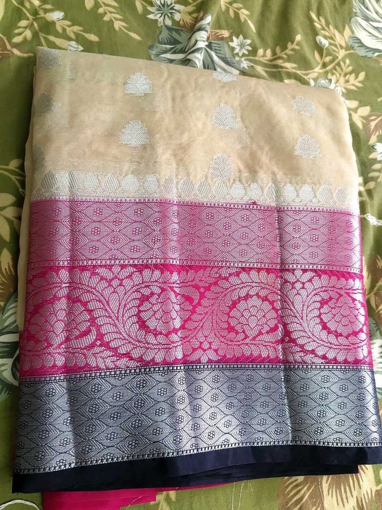 Elegant Cream &amp; Pink Silk Saree