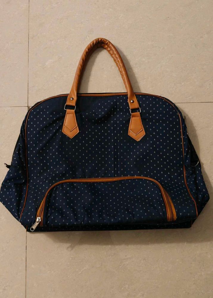 Stylish Navy Duffle Bag with Faux Leather Accents