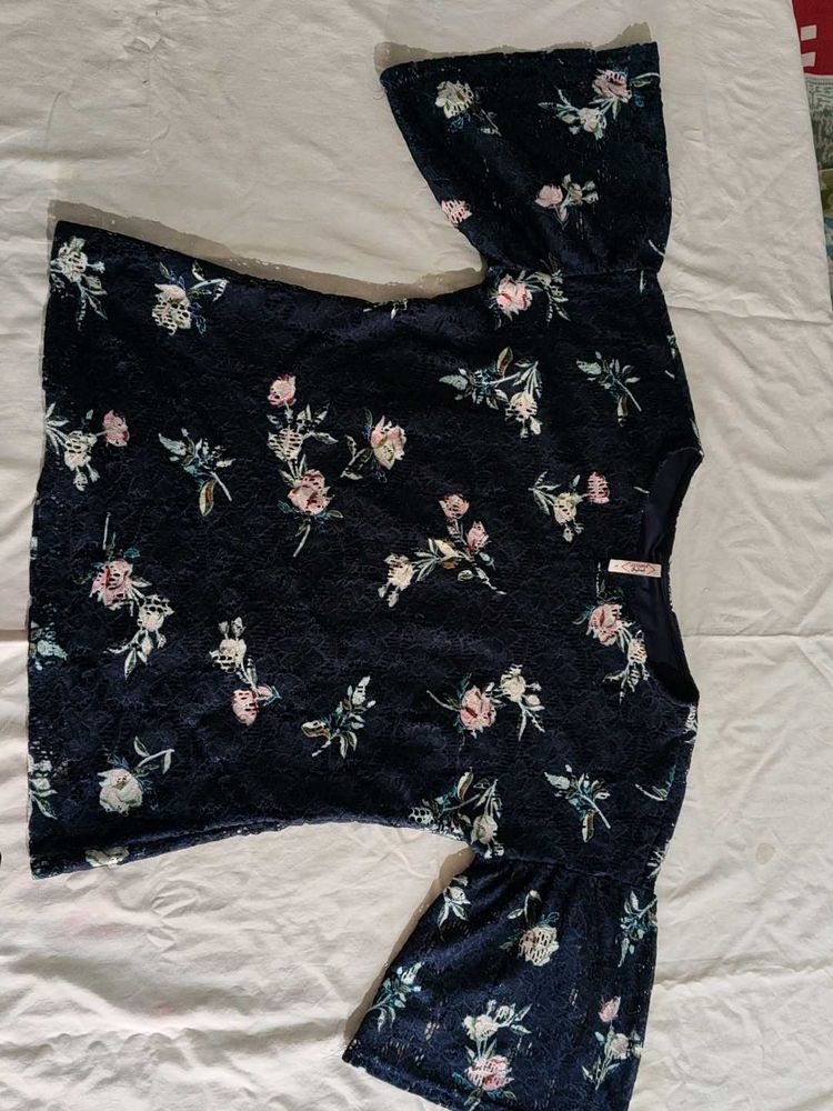 Navy Floral Bell Sleeve Top