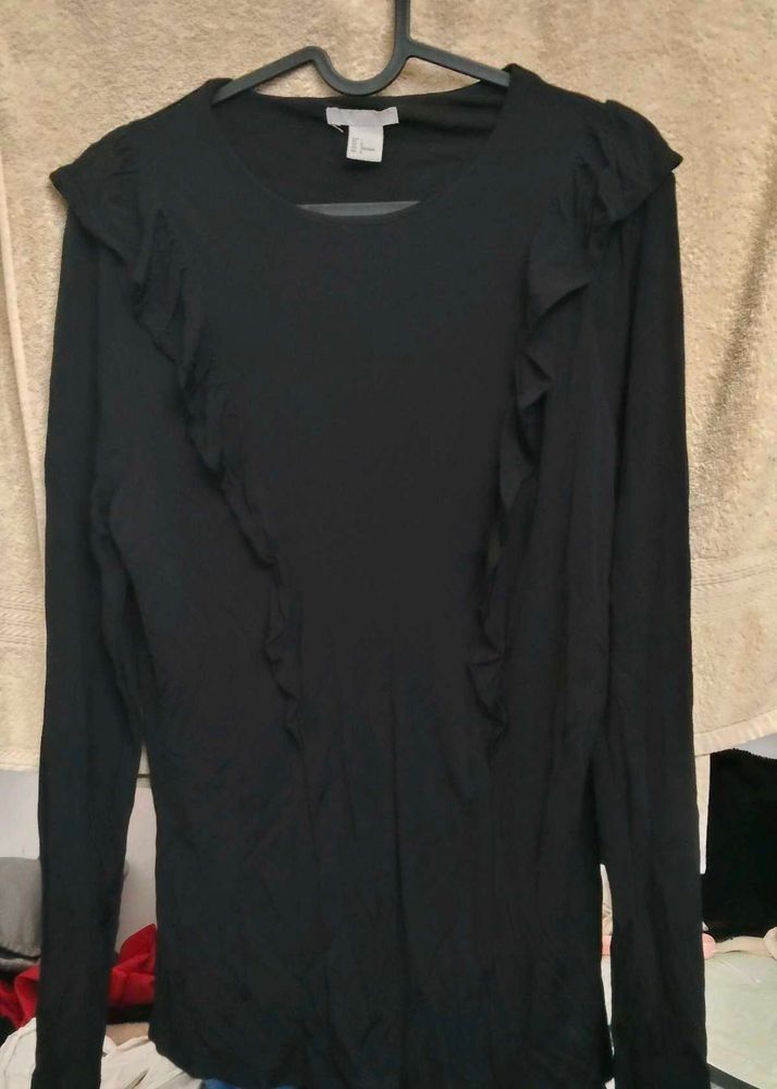 Chic Black Ruffle Long Sleeve Mesh Top