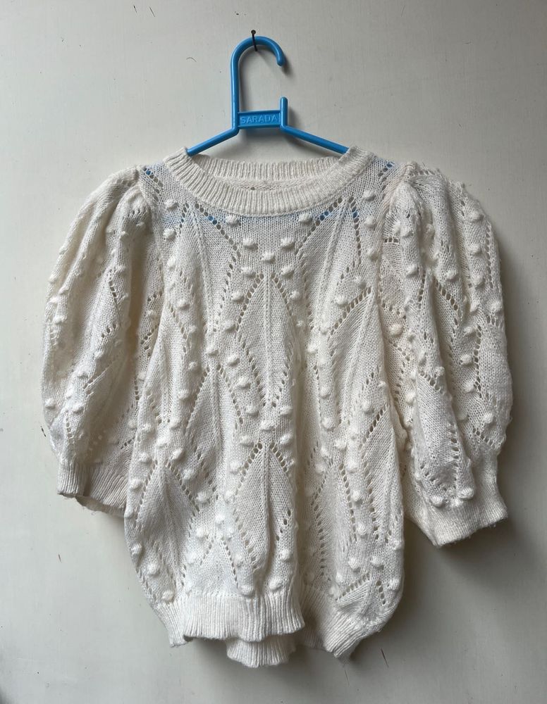 Cream Textured Puff Sleeve Sweater