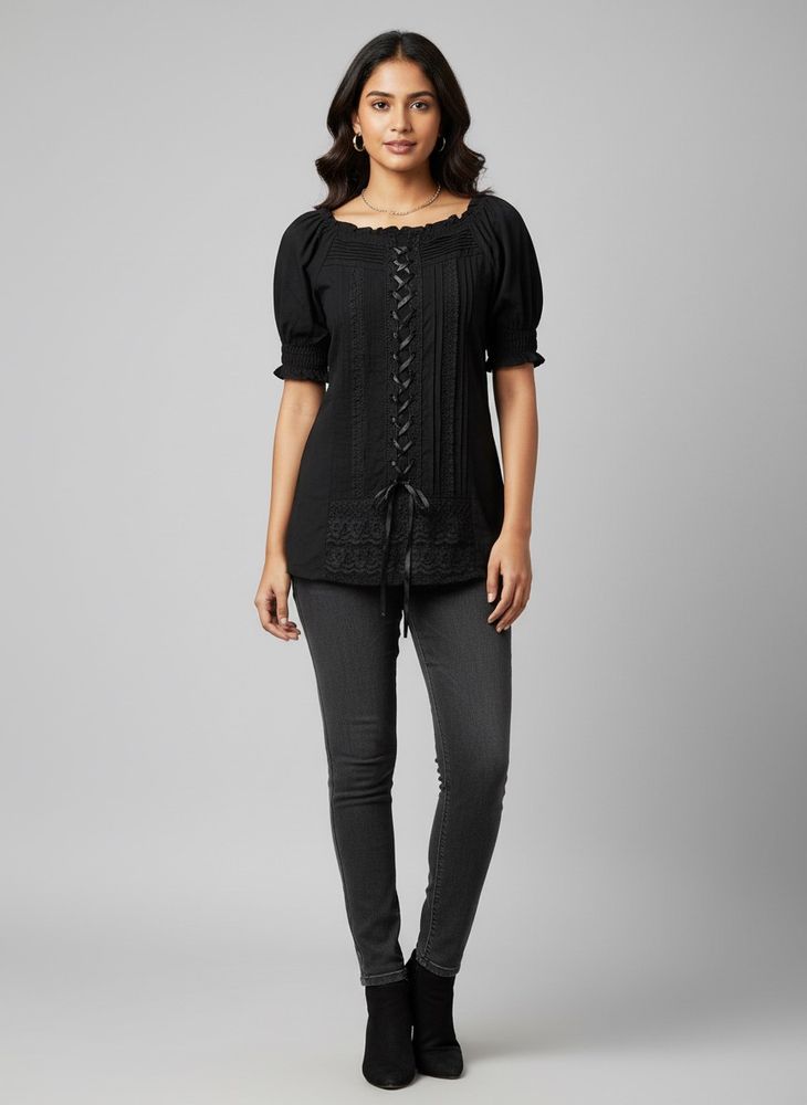 Gothic Lace-Up jet Black Top