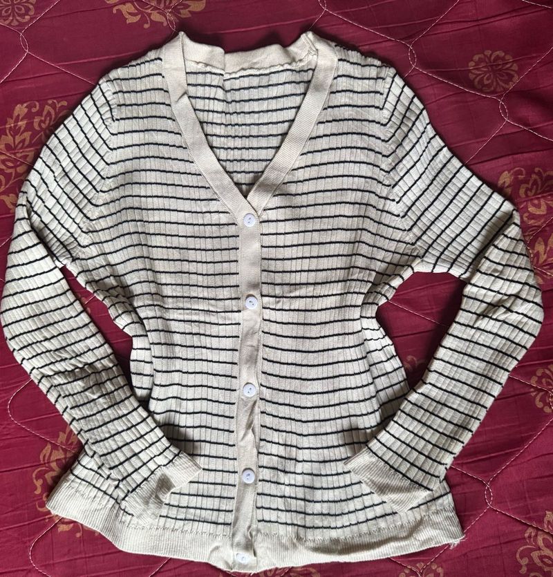 Striped V-Neck Button-Up Cardigan