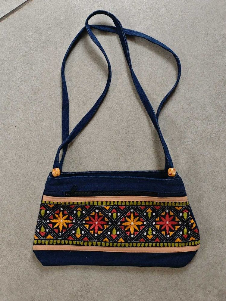 Kantha Embroidered Denim Shoulder Bag