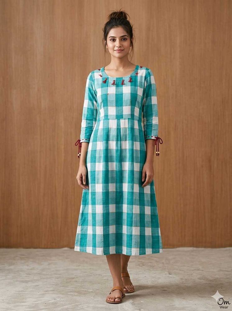 Green &amp; White Checkered Kurta