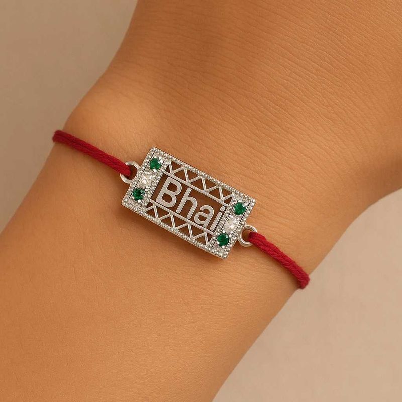 "Bhai" Logo Pure Silver Green &amp; White CZ Rakhi