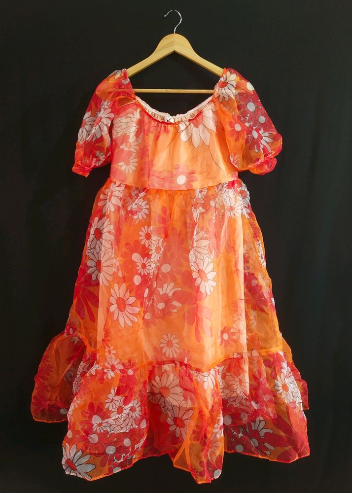 Vintage Orange Floral Tiered Dress