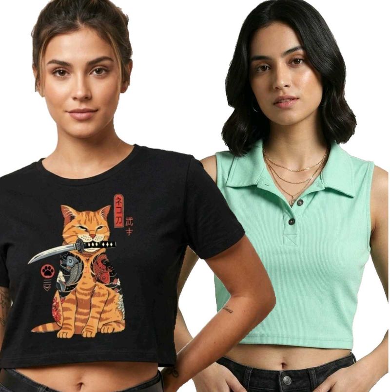 COMBO OF 2:  Green + Katana cat anime Crop Top