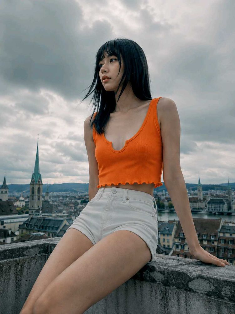 Orange Crop Tank Top With U Notch Neck Lettuce Hem