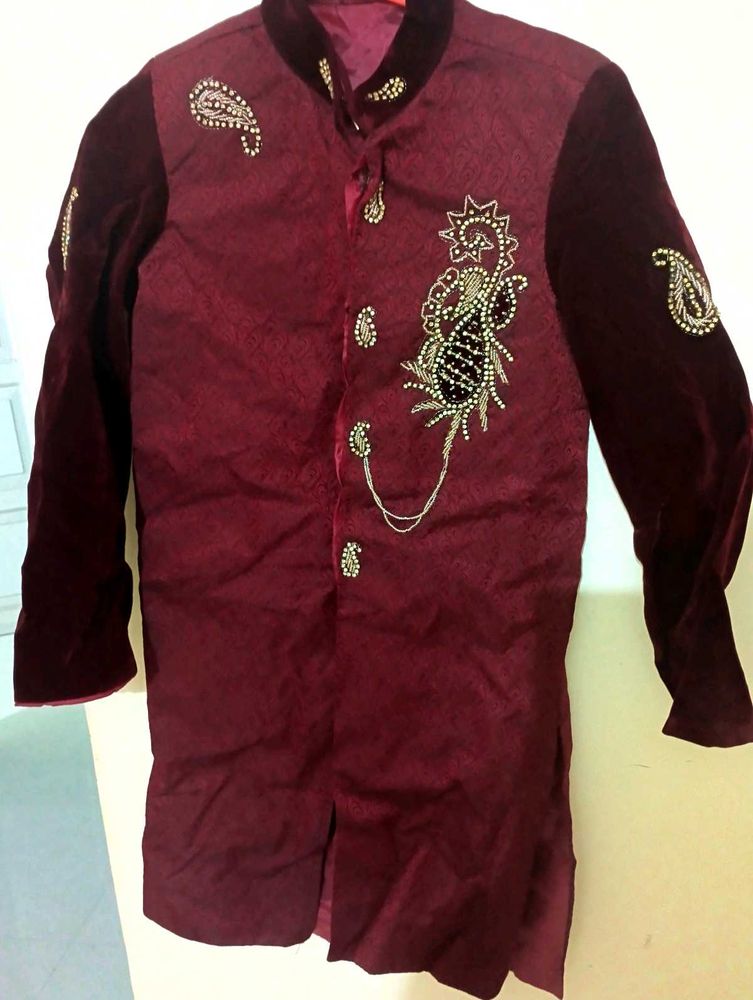 Burgundy Velvet Sherwani - Size M