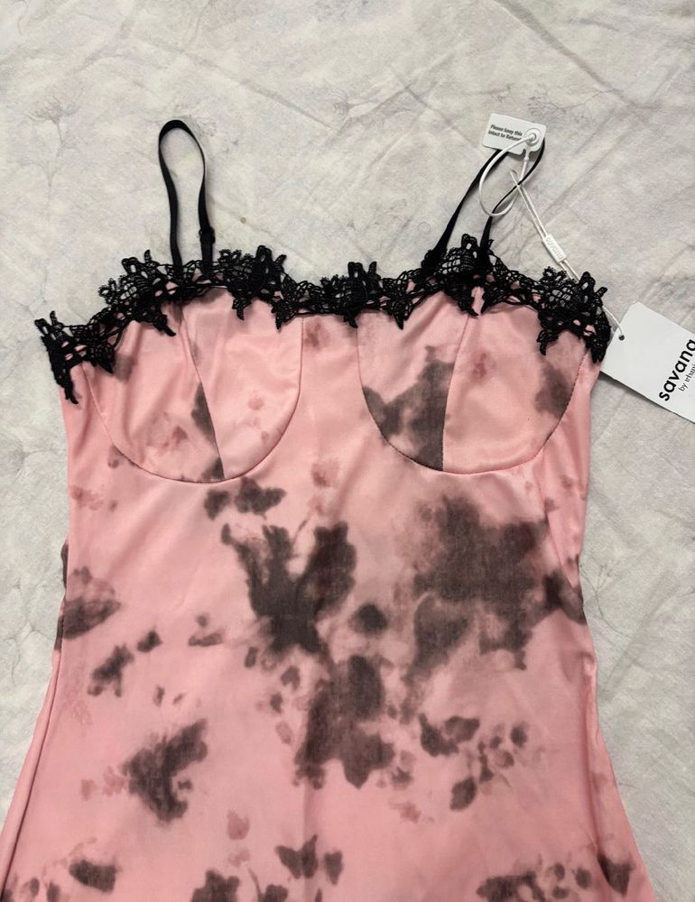 SAVANA Pink Tie-Dye Lace Trim Slip Dress