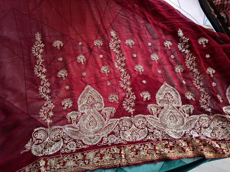 Maroon &amp; Gold Embroidered Saree