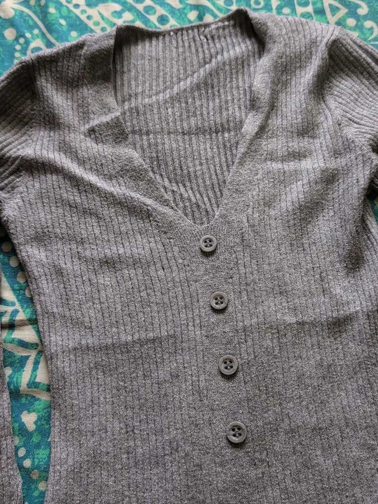 Grey Ribbed Button-Up Cardigan Dress