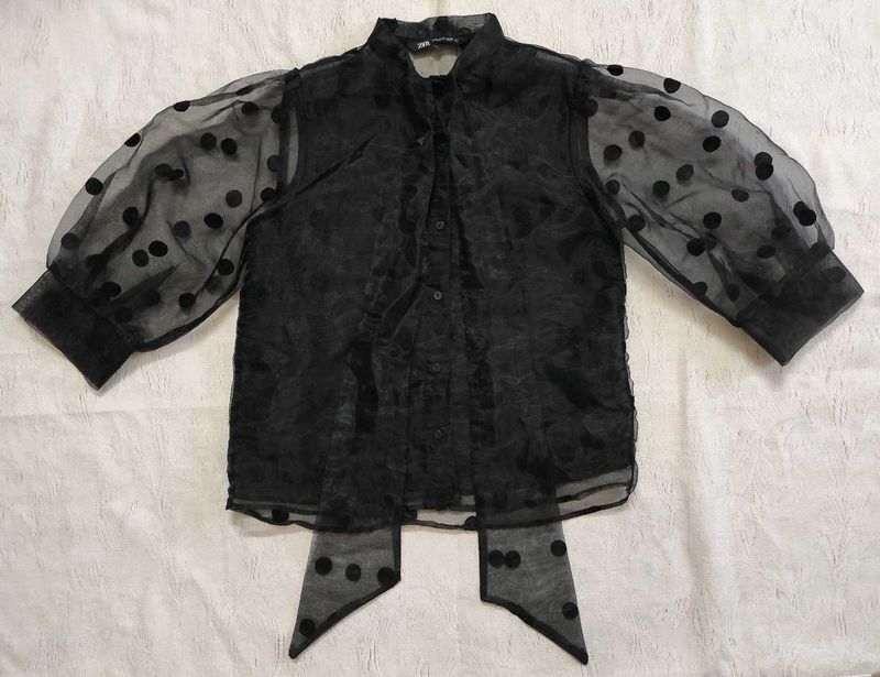 Sheer Polka Dot Button-Up Top