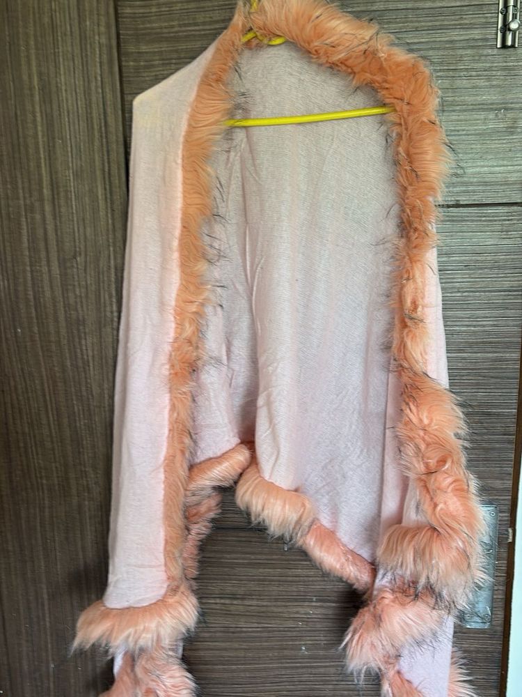 Stylish Pink Faux Fur Trimmed Scarf