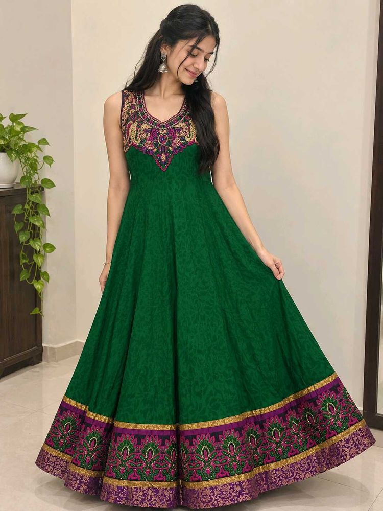 Green Anarkali Gown with Embellished Neckline