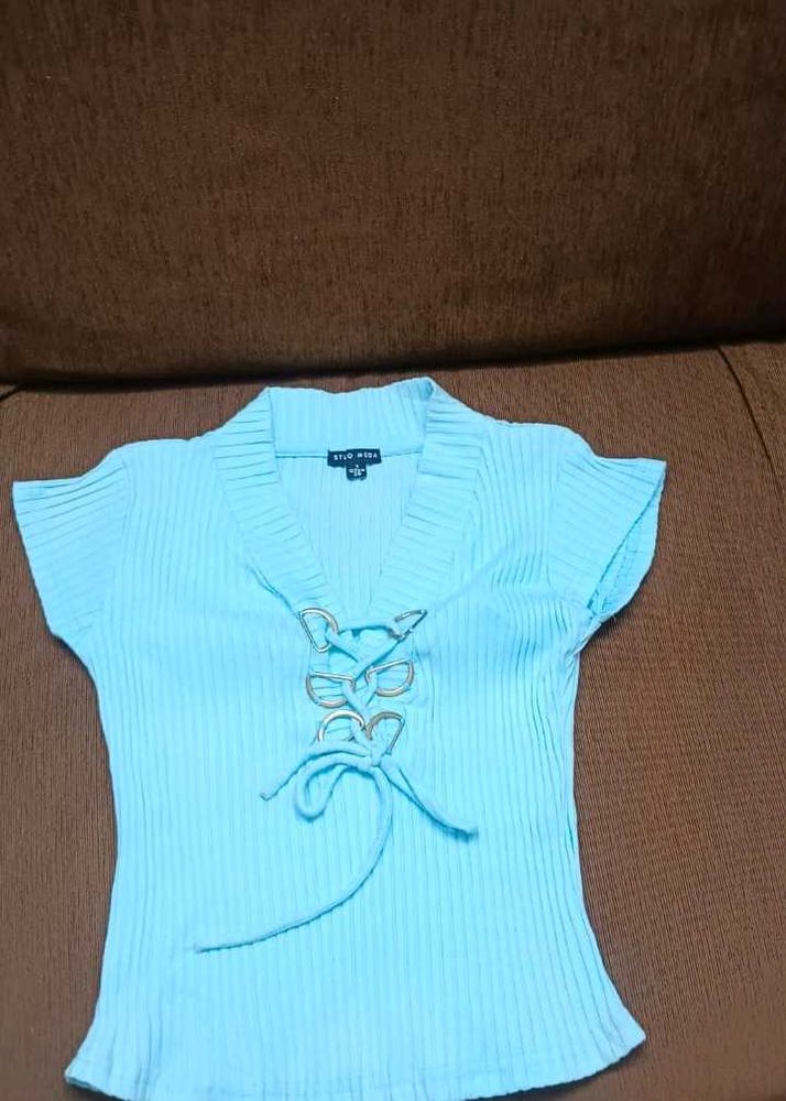 Light Blue Lace-Up V-Neck Top
