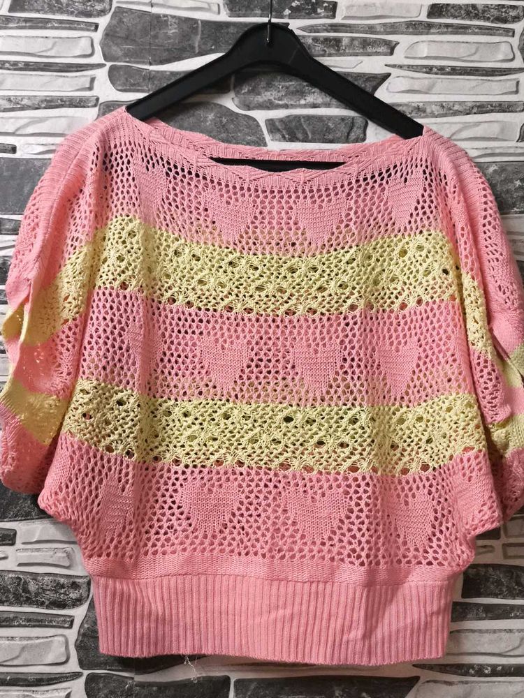 Pink &amp; Yellow Striped Crocheted Top