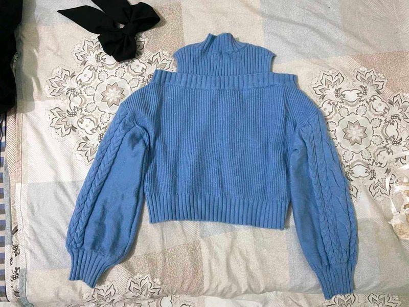 Blue Cold Shoulder Knit Sweater