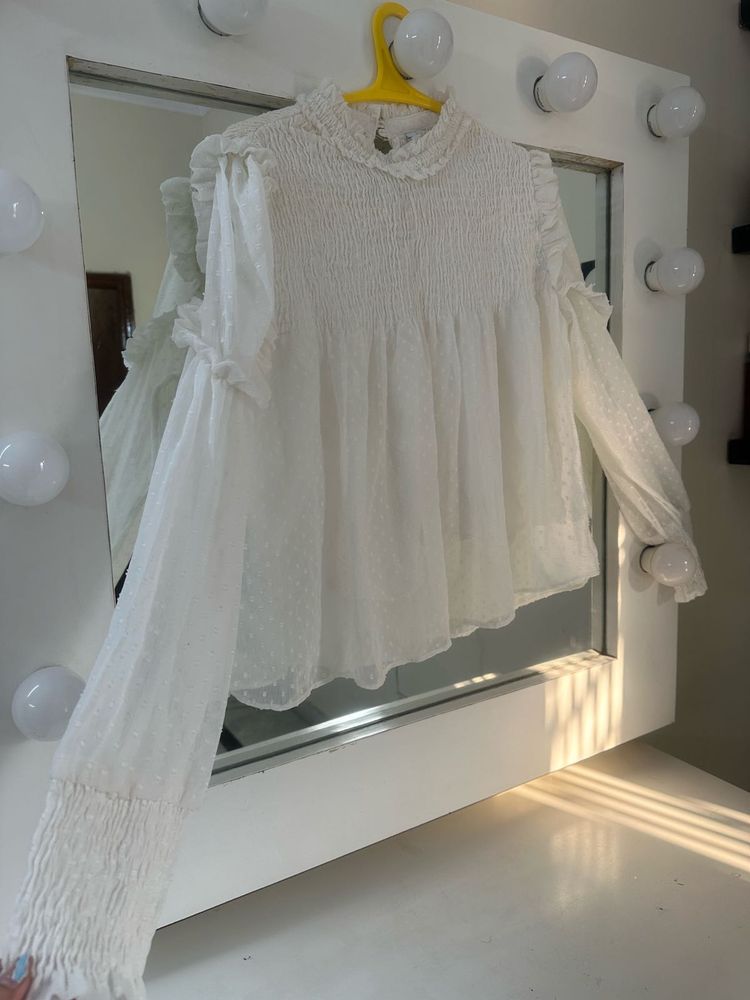 White Smocked Bishop Sleeve Top