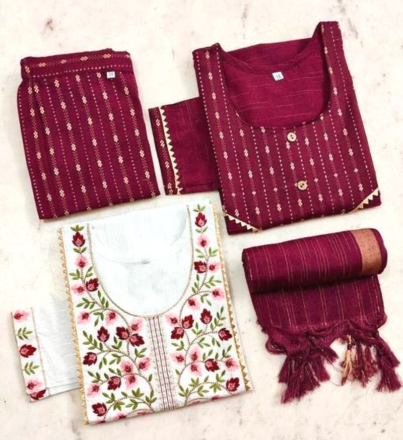 White &amp; Red Floral Printed Kurta Set