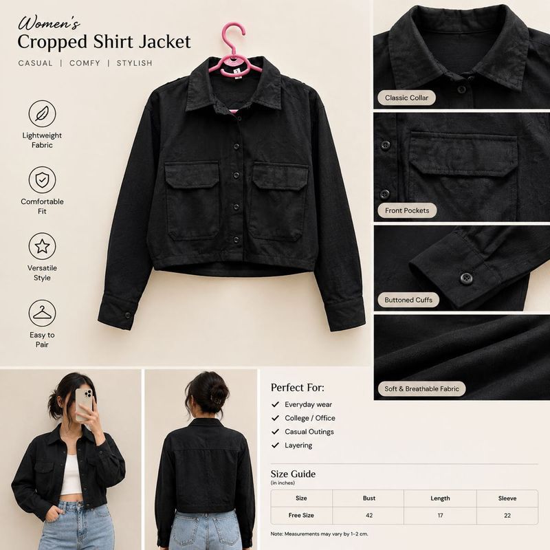 Women's Black Cropped Shirt Jacket
