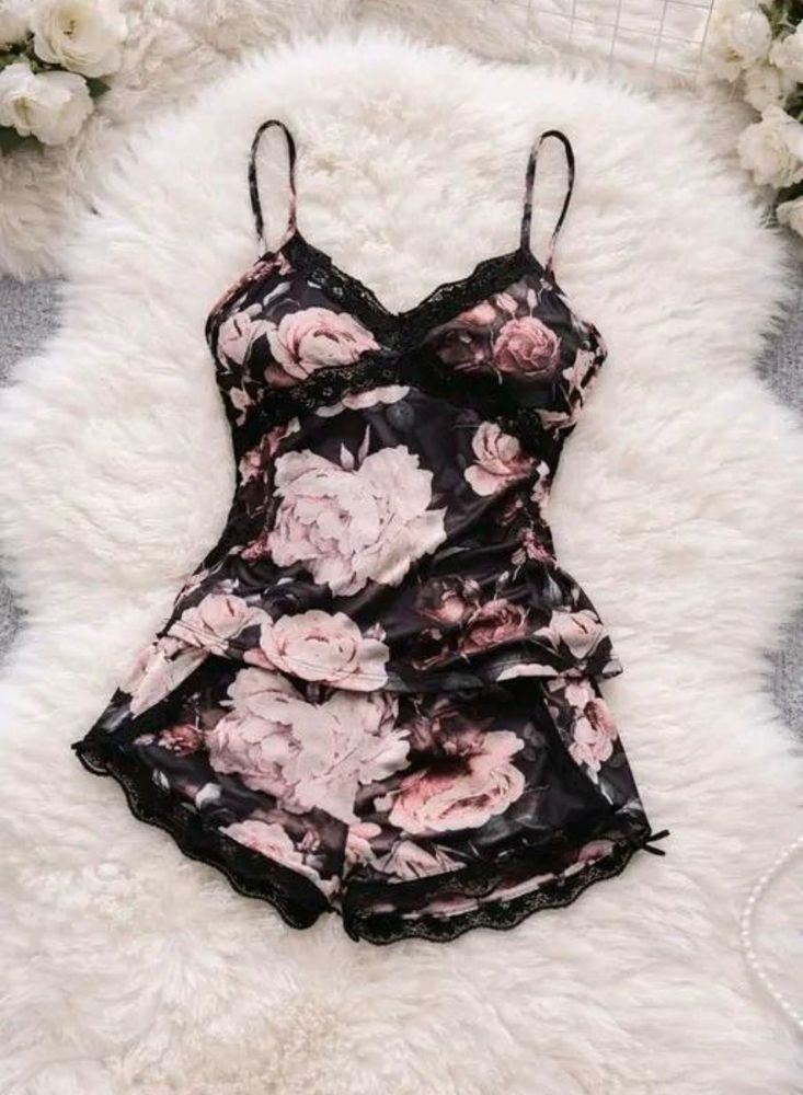 Floral Print Lace Trim Pajama Set