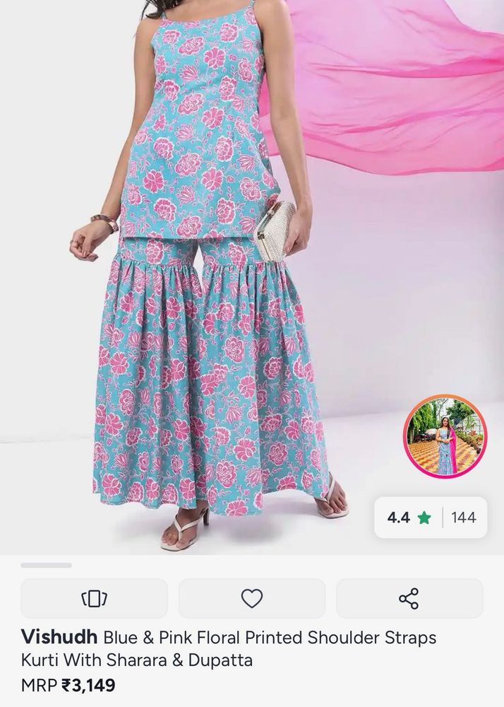 Blue &amp; Pink Floral Printed Sharara Set with Dupatt