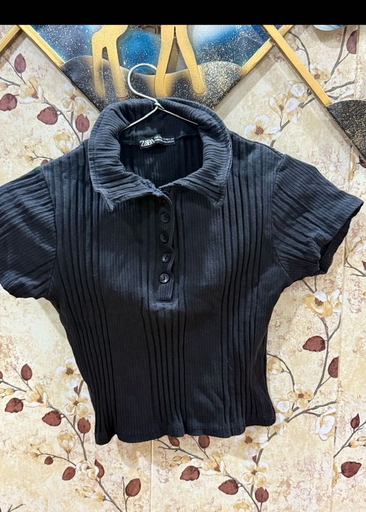 Ribbed Polo Neck Crop Top