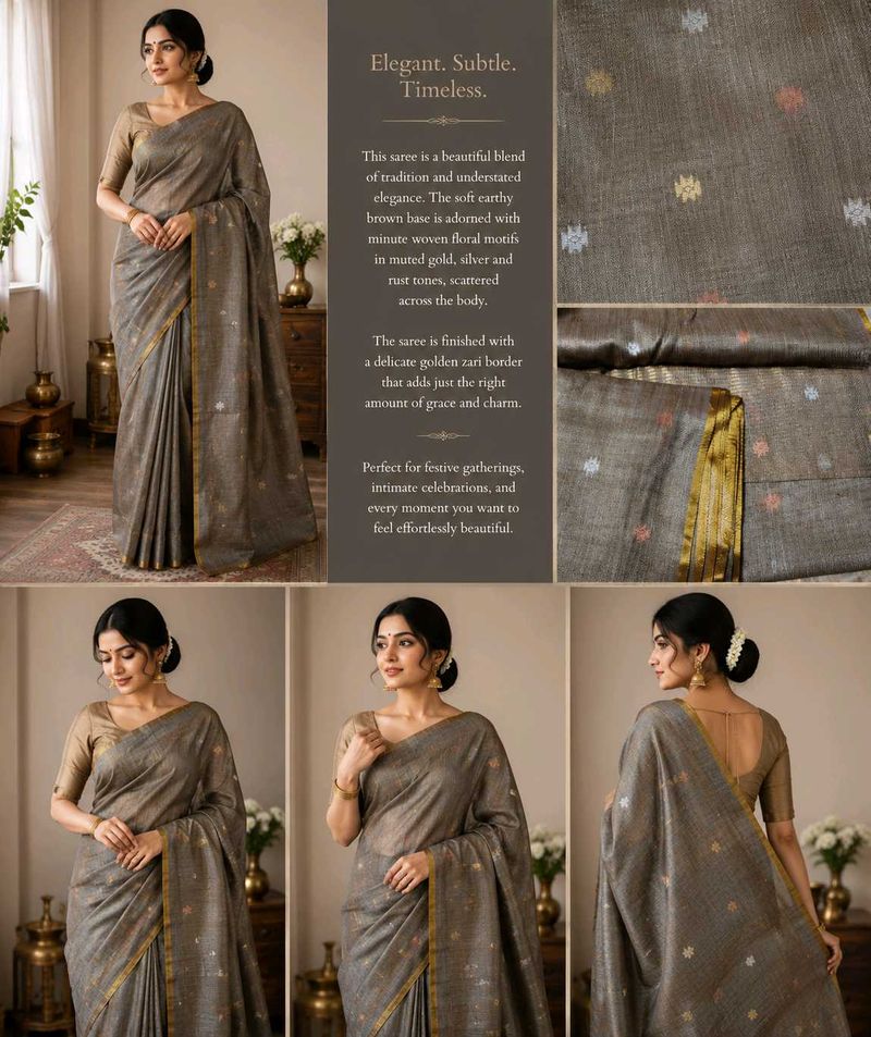 Elegant Brown Woven Floral Saree