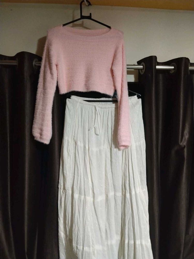 Fuzzy Pink Cropped Sweater And long white skirt