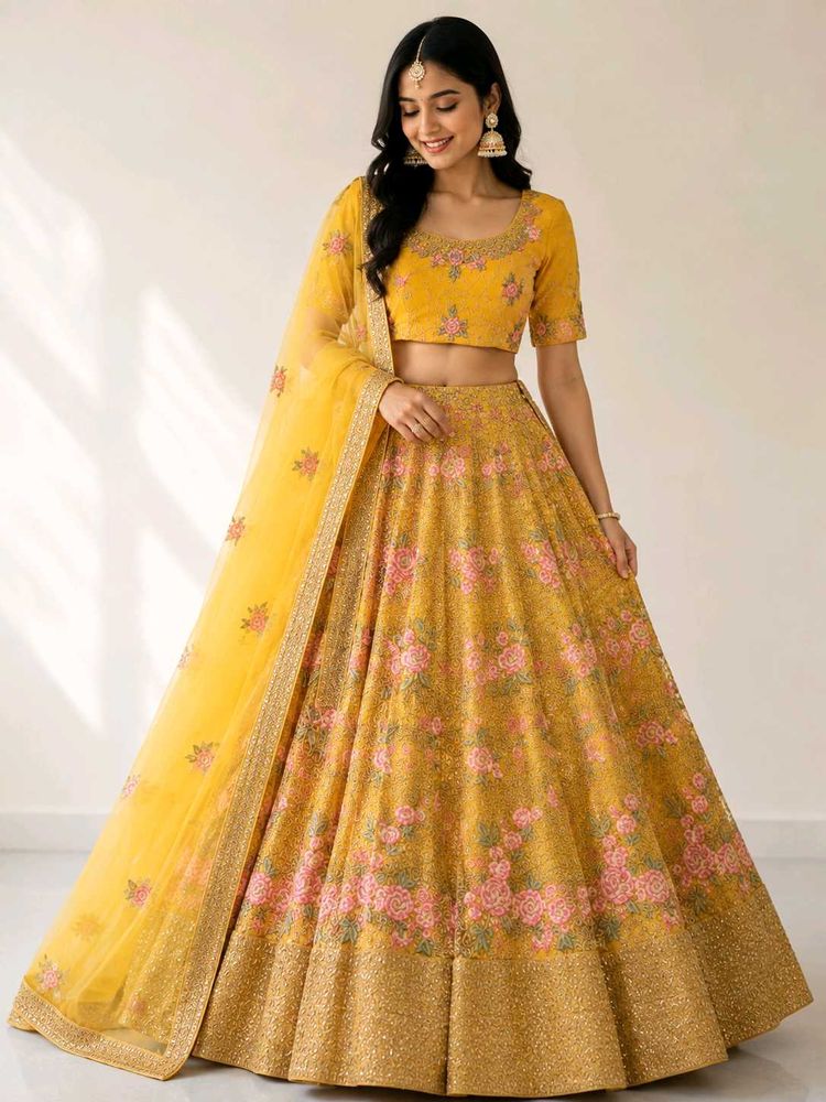 for haldi bride Yellow Floral Lehenga Choli set