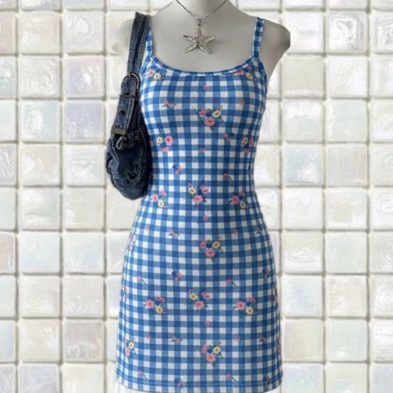 Blue Gingham Floral Mini Dress