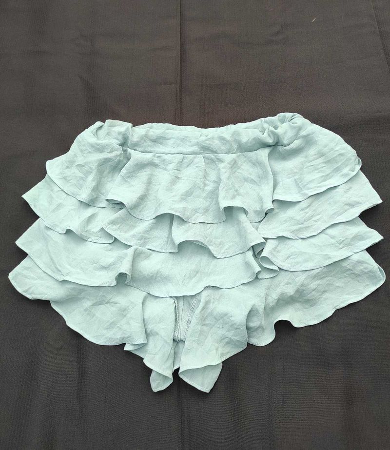 Light Blue Ruffled Mini Skirt with shorts attached