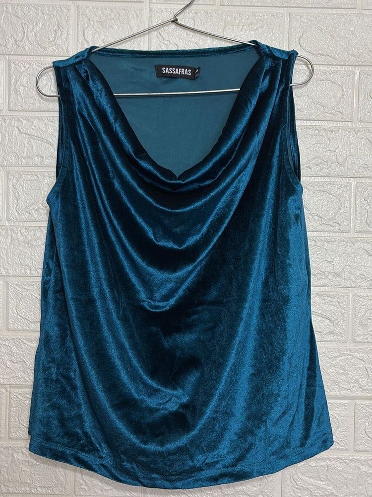 Teal Velvet Cowl Neck Sleeveless Top