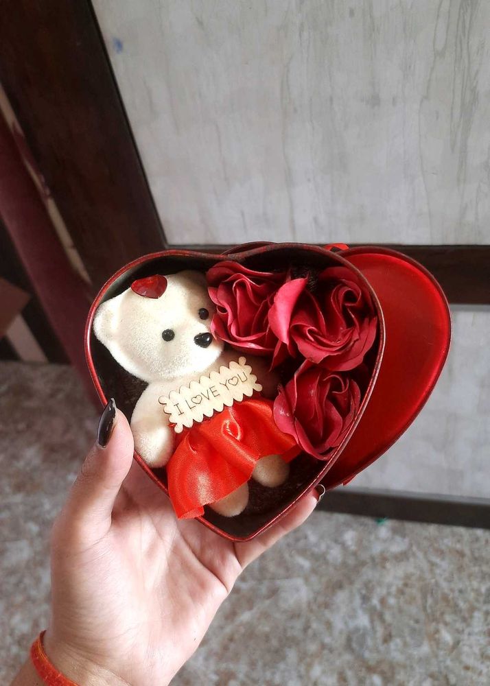 Heart Shaped Teddy Bear &amp; Roses Gift Box