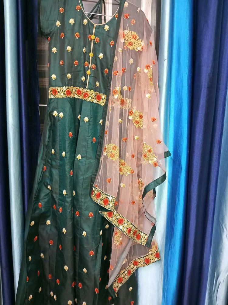 Elegant Green Embroidered 58inch Gown