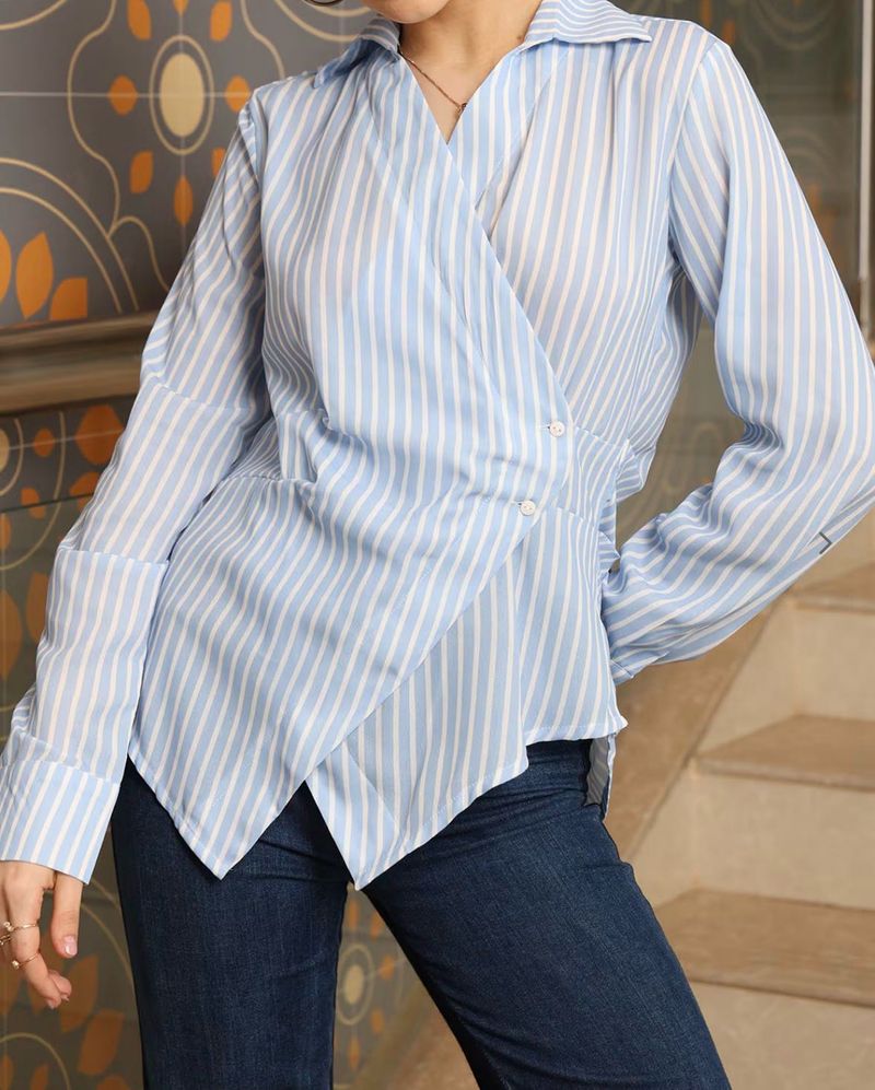 shein spread collar Wrap style hem shirt