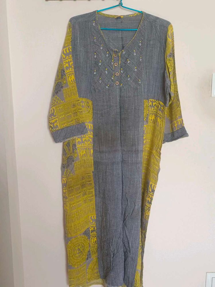 Grey &amp; Yellow Printed Kurta