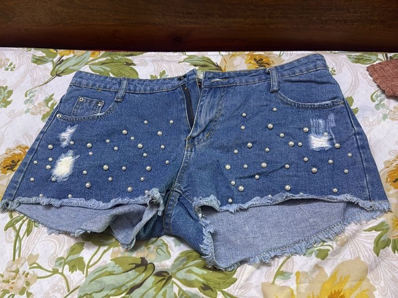 Blue Denim shorts with Pearl detailing