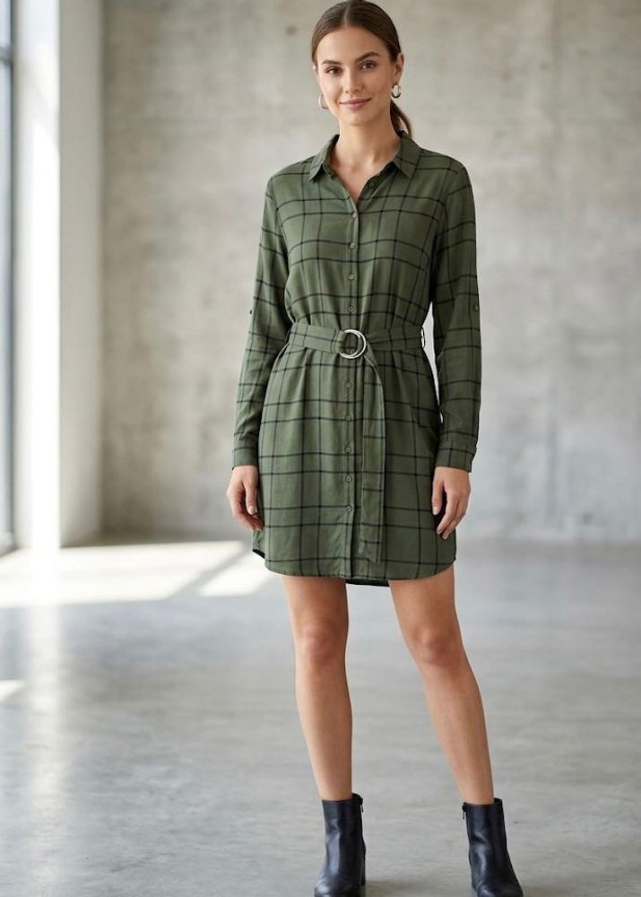 Olive Green Plaid Shirt Dress with Belt