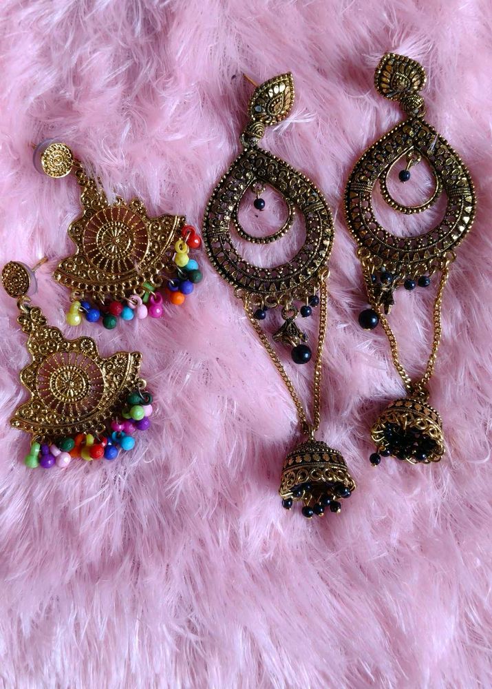 Antique Gold Jhumka Earrings with Colorful Beads