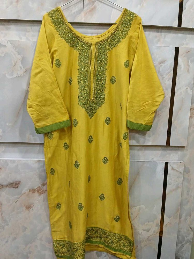 Yellow Embroidered Kurti