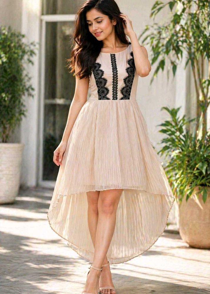 Elegant Beige High-Low Dress with Black Lace