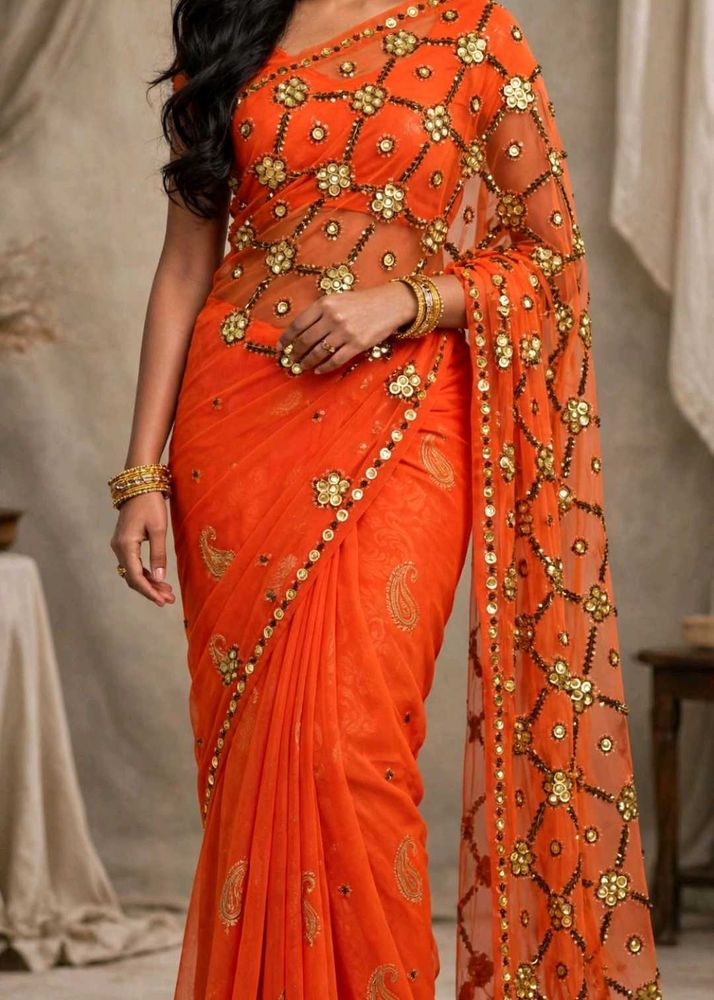 Elegant Orange Sequined Saree