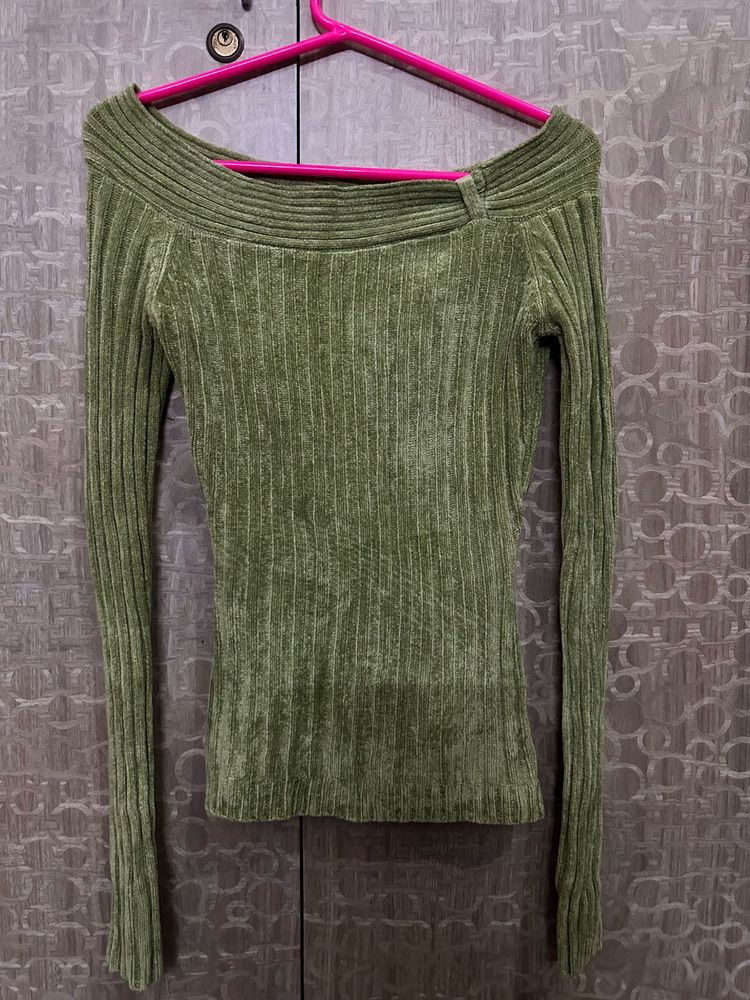 Olive Green Off-Shoulder Ribbed Top
